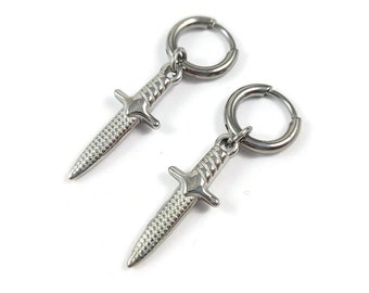 Dagger hoop earrings, Implant grade titanium and stainless steel, Hypoallergenic sword jewelry