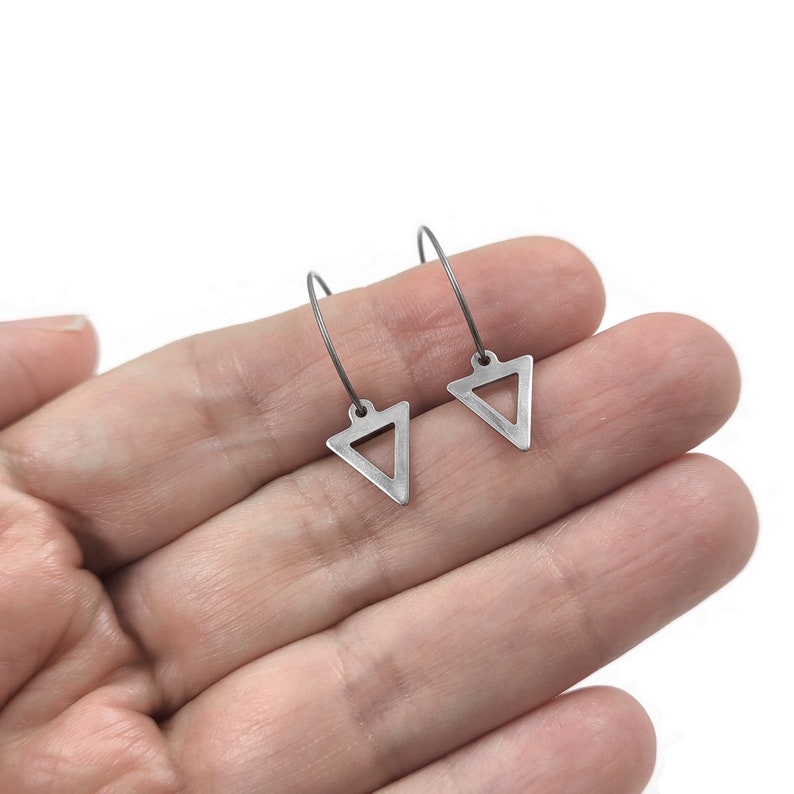 Triangle hoop earrings, Pure implant grade titanium for sensitive ears, Minimalist geometric earrings image 3
