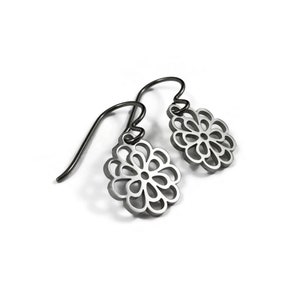 Chrysanthemum flower earrings, Dainty floral drop earrings, Implant grade pure titanium earrings, Tarnish free image 5
