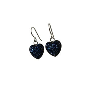 Midnight blue heart earrings, Hypoallergenic pure titanium jewelry, Resin druzy dangle earrings, Love gift for her image 4