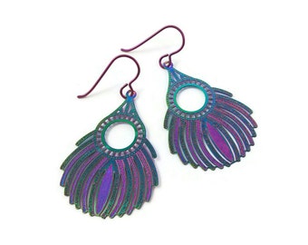 Rainbow dangle niobium earrings, Hypoallergenic art deco earrings, Unique niobium jewelry, Gift for women