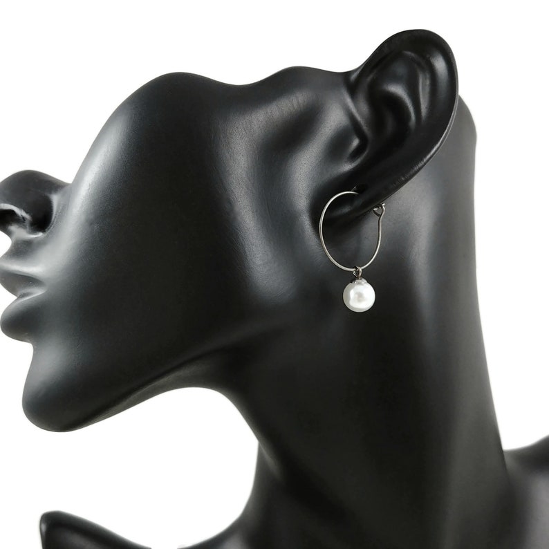 Minimalist pearl drop earrings, Hypoallergenic pure titanium jewelry, Implant grade safe for sensitive ears Hoop