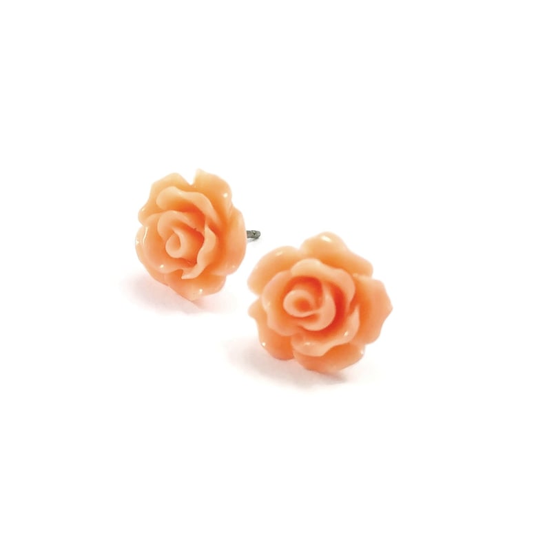 Coral flower earrings, Hypoallergenic bridesmaids titanium earrings, Vintage flower rose studs image 1