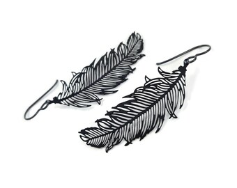 Black feather niobium earrings, Hypoallergenic filigree jewelry