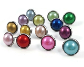 Colorful pearly stud earrings, Hypoallergenic surgical stainless steel, Plastic pearl jewelry