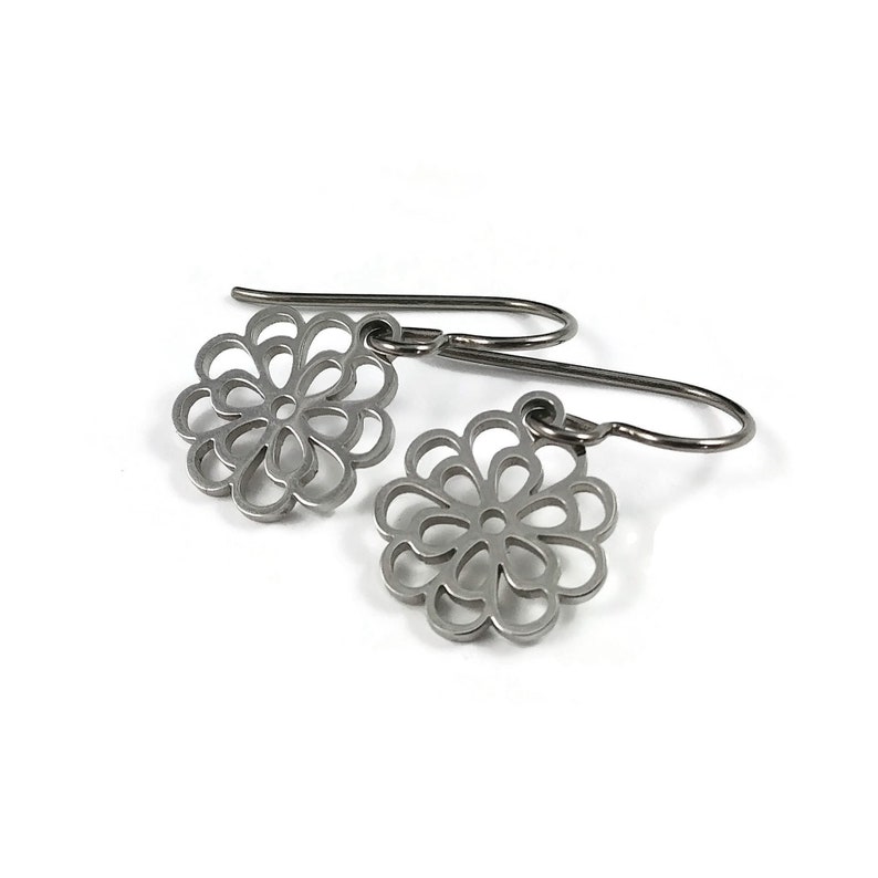 Chrysanthemum flower earrings, Dainty floral drop earrings, Implant grade pure titanium earrings, Tarnish free image 2