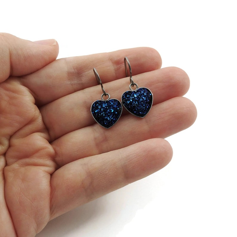 Midnight blue heart earrings, Hypoallergenic pure titanium jewelry, Resin druzy dangle earrings, Love gift for her image 1