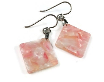 Pink square dangle earrings, Hypoallergenic pure titanium jewelry, Geometric drop resin earrings