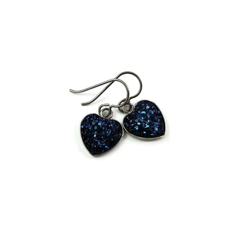 Midnight blue heart earrings, Hypoallergenic pure titanium jewelry, Resin druzy dangle earrings, Love gift for her image 2