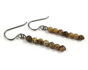 Jasper dangle earrings - Pure titanium or niobium jewelry - Minimalist gemstone bar earrings