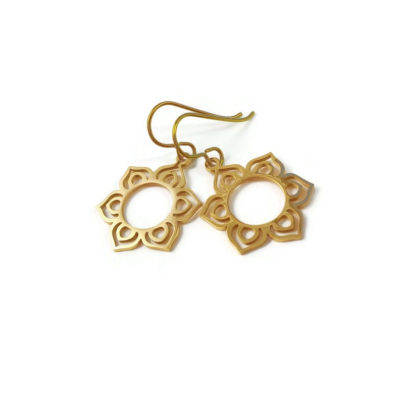 Mandala flower dangle earrings, Gold niobium hypoallergenic jewelry, Simple zen floral earrings image 6