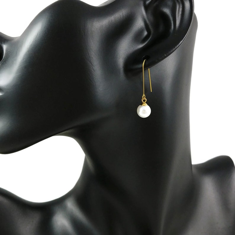 Gold pearl drop earrings, Hypoallergenic pure niobium jewelry image 9