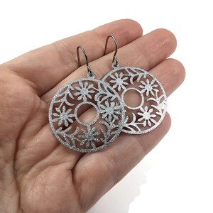 Silver round dangle earrings, Pure titanium floral jewelry, Glitter statement earrings, Lightweight stainless steel earrings image 3