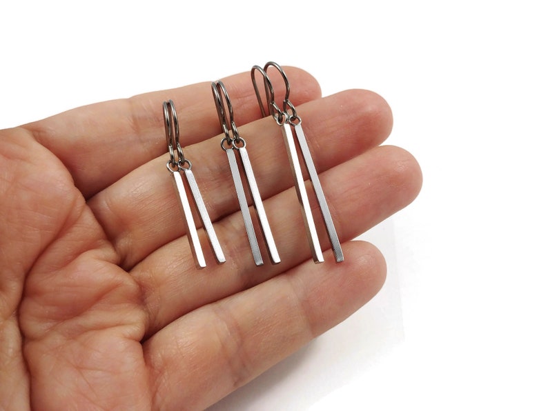 Silver minimalist rectangle dangle earrings Hypoallergenic pure titanium and stainless steel Bild 2