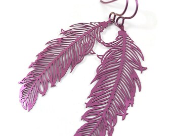 Feather niobium earrings, Hypoallergenic niobium jewelry, Colorful filigree dangle earrings