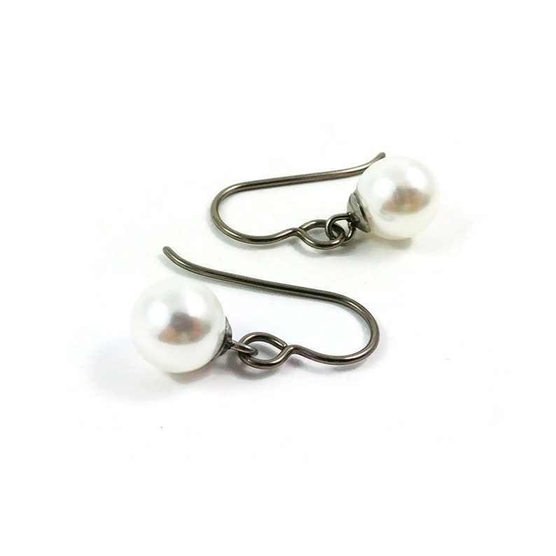 Minimalist pearl drop earrings, Hypoallergenic pure titanium jewelry, Implant grade safe for sensitive ears image 2