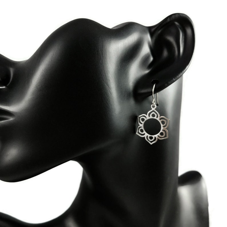 Mandala flower dangle earrings, Gold niobium hypoallergenic jewelry, Simple zen floral earrings image 5