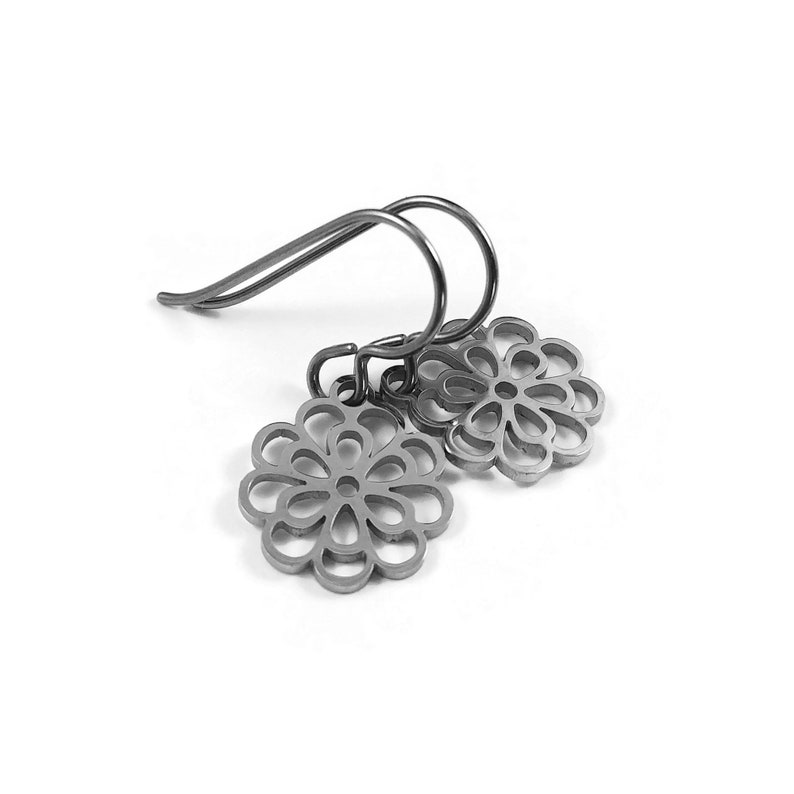 Chrysanthemum flower earrings, Dainty floral drop earrings, Implant grade pure titanium earrings, Tarnish free image 7