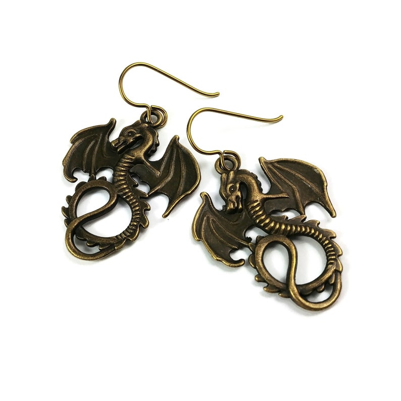 Dragon dangle earrings, Nickel free niobium jewelry, Fantasy women gift Bronze