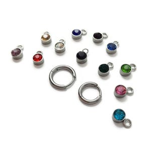 Birthstone earring charms with Titanium huggie hoops, Dainty personalized jewelry gift
