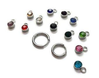 Birthstone earring charms with Titanium huggie hoops, Dainty personalized jewelry gift
