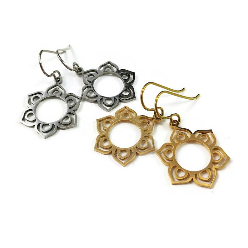 Mandala flower dangle earrings, Gold niobium hypoallergenic jewelry, Simple zen floral earrings image 2