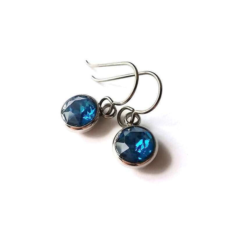 Blue rhinestone dangle earrings, Pure titanium and stainless steel jewelry, Blue faceted crystal drop earrings, Gift for her image 2