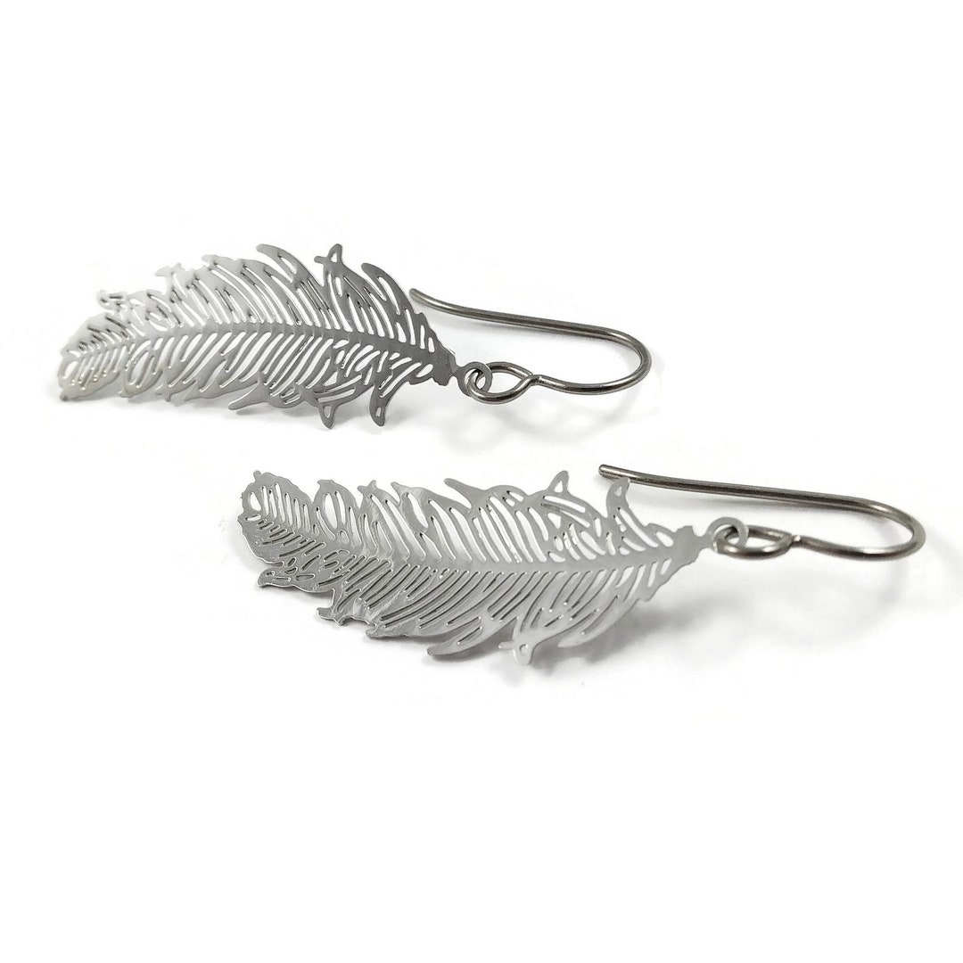 Silver Feather Pure Titanium Earrings, Hypoallergenic Jewelry for