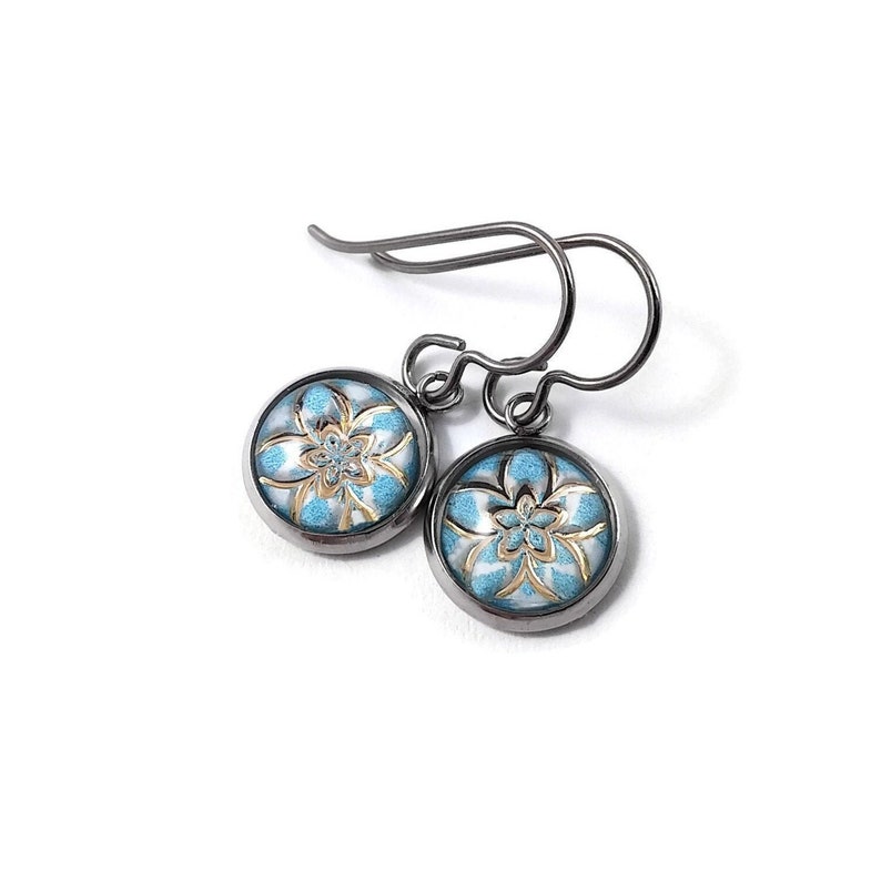 Hypoallergenic titanium earrings, Dainty flower drop earrings, Lightweight white and gold womens jewelry Blue