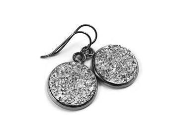 Silver druzy dangle earrings, Hypoallergenic pure titanium and stainless steel jewelry, Acrylic statement grey earrings