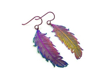 Rainbow feather dangle earrings - Hypoallergenic blue niobium earrings, Filigree boho drop earrings