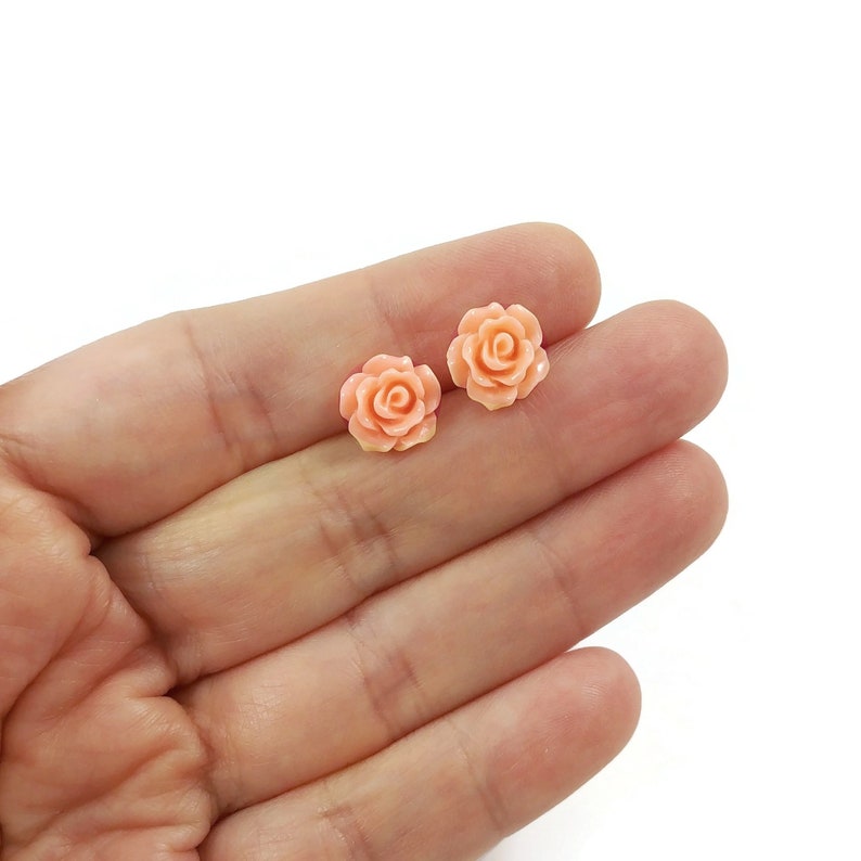 Coral flower earrings, Hypoallergenic bridesmaids titanium earrings, Vintage flower rose studs image 2