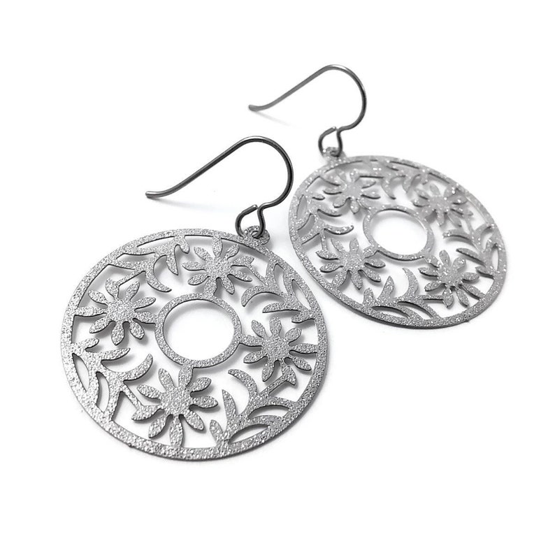 Silver round dangle earrings, Pure titanium floral jewelry, Glitter statement earrings, Lightweight stainless steel earrings image 4