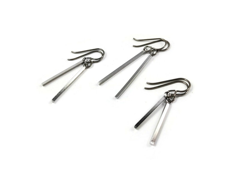 Silver minimalist rectangle dangle earrings Hypoallergenic pure titanium and stainless steel image 7