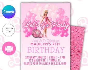 Barbi Party Invitation, Let’s Go Party, Doll Party Invite, Birthday Invite Pink, Girl Birthday, Editable Invitation, Instant Download