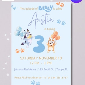 Bluey Birthday Party Invitation, Editable Instant Download, Kids Party, Blue Dog, Printable Invitation