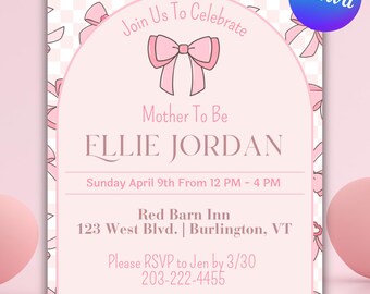 Puede incluir: Invitación rosa para baby shower con diseño de lazo. La invitación incluye el texto "Join Us To Celebrate Mother To Be ELLIE JORDAN" y detalles del evento. Descarga instantánea.