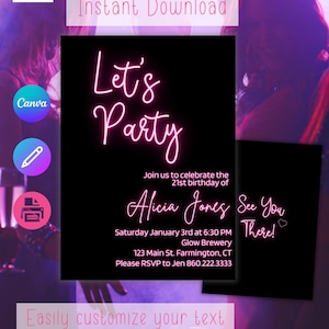 Faire-part d&#39;anniversaire rose fluo, Anniversaire d&#39;une adolescente, Modèle modifiable, Imprimable, Fête phosphorescente, Faire-part d&#39;anniversaire mignon