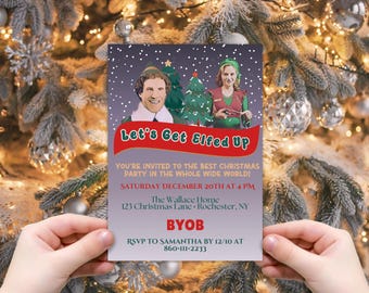 May include: A Christmas party invitation featuring characters from the movie "Elf." The invitation has the text "Let's Get Elfed Up" in red and white. The invitation includes party details, such as the date, time, and location.