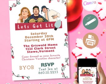 May include: A pink invitation with the text "Lets Get Lit" and illustrations of characters. The invitation includes event details: Saturday, December 20th, starting at 6 PM, at The Griswold Home, 1225 Clark Street, Stowe, Vermont. The invitation also says "Download > Edit > Print or send digitally!"