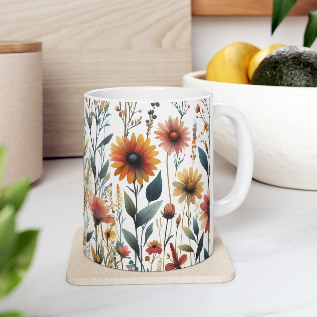 Pressed Flowers Mug, Wildflower Tea Cup, Boho Floral Coffee Mug ...
