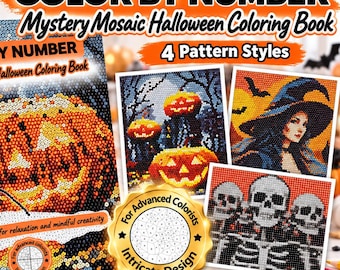 Può includere: Un libro da colorare Color By Number Mystery Mosaic Halloween con un ragno su una zucca in copertina. Include 4 stili di motivi con disegni intricati di zucche, una strega e scheletri per coloristi di livello avanzato.
