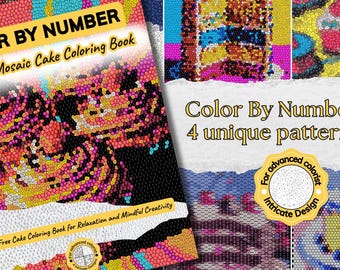 Mystery Mosaic Cake Color by Number, Coloring Pages for Adults, Stained Glass Art