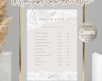 Salon Price List Template: Beauty, Hair, Nail, Massage, Makeup Price Menu (Digital Download)