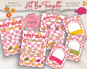Groovy 70s Hat Bar Sign Template: Pink Checkered Design (Canva Editable, Digital Download)