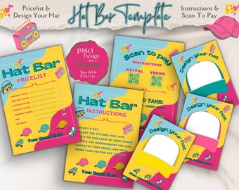 80s Retro Hat Bar Sign Template Bundle: Editable Price List, Canva Editable (Digital Download)