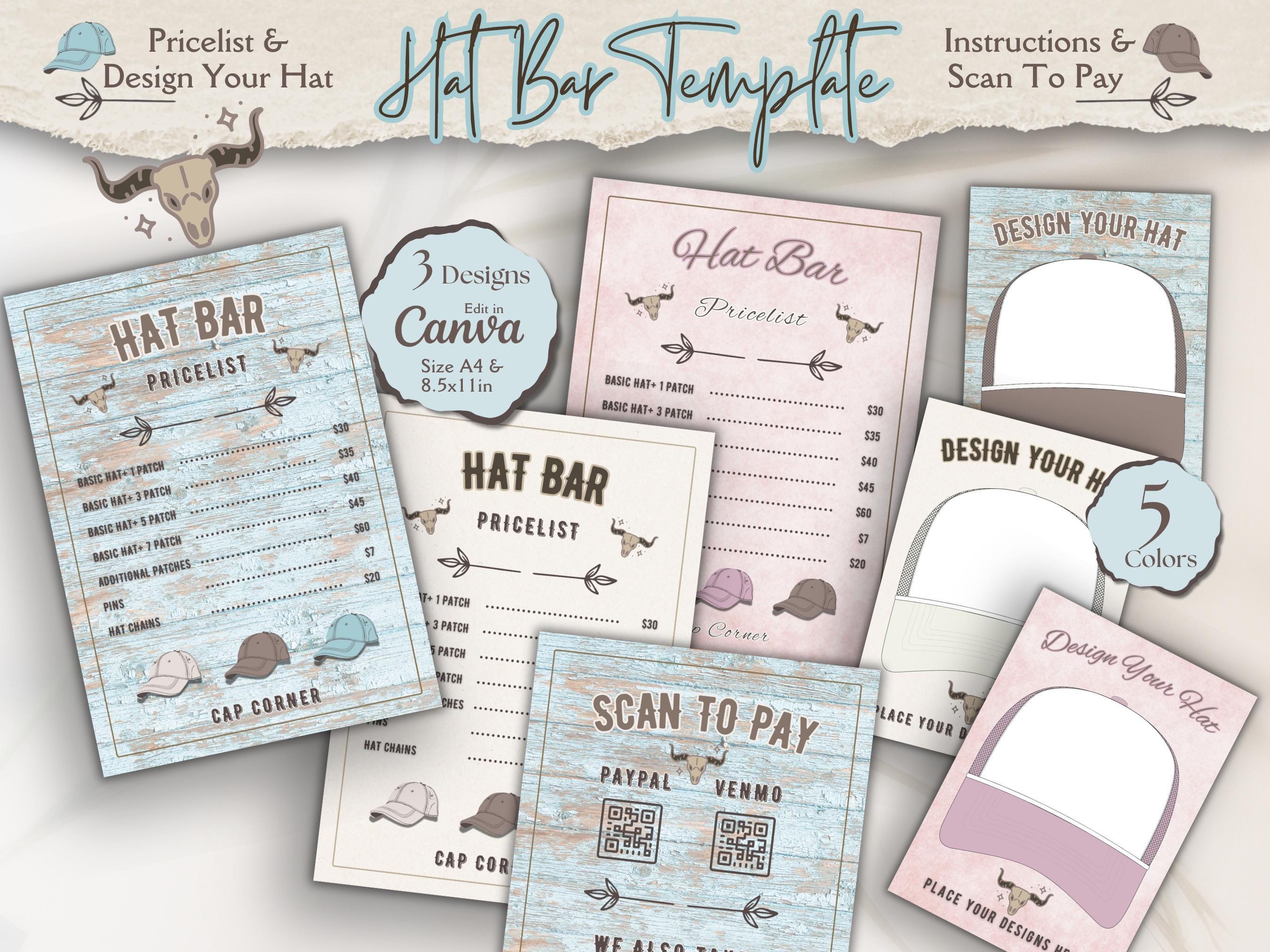 Trucker Hat Bar Canva Template:  Price List for Pop Up Shops | Patches, Pins & Chains (Digital Download)
