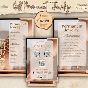 Puede incluir: Tres letreros con marco dorado y fondo de mármol. El primer letrero enumera los precios de los brazaletes, collares y tobilleras de oro macizo, plata de ley y con dijes. El segundo letrero tiene una sección de escanear para pagar con códigos QR para PayPal, Venmo y Apple Pay. El tercer letrero enumera las instrucciones para crear joyas personalizadas: seleccionar una cadena, elegir dijes y conectores, completar la compra, la joya se elaborará y disfrutar de la pieza personalizada.