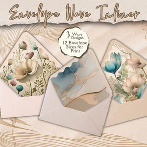 Può includere: Tre design di fodere per buste con un motivo a onda. I design presentano motivi floreali in tonalità di blu, rosa e verde, e un motivo marmoreo in tonalità di blu e oro. Il testo "3 Wave Designs 12 Envelope Sizes for Print" è incluso nell'immagine.