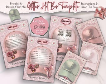 Glitter Hat Bar Template Bundle: Pink Sparkle Party Kit, Pricelist, (Canva Editable, Digital Download)